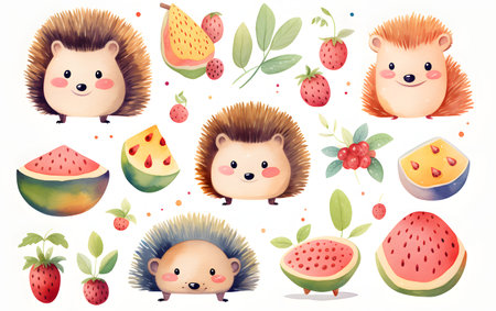 Set of cute hedgehogs, watermelon, strawberries, watermelon, melon, strawberry, eucalyptus leaves. Vector illustration.の素材