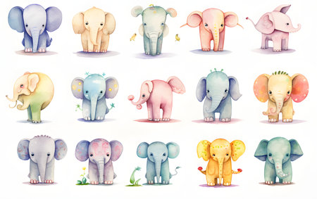 Set of cute cartoon elephants. Watercolor illustration isolated on white background.の素材