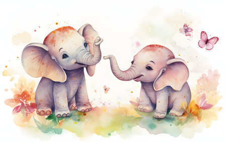 Two cute elephants on watercolor background. Watercolor painting. Vector illustration.の素材