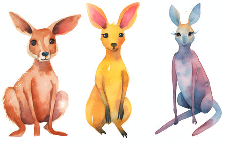 Watercolor set of cute kangaroos isolated on white backgroundの素材
