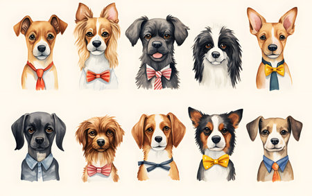 Set of different dogs in bow tie and necktie isolated on white backgroundの素材