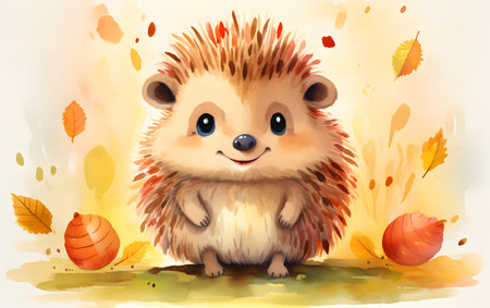 Cute hedgehog with autumn leaves. Watercolor illustration for children.の素材