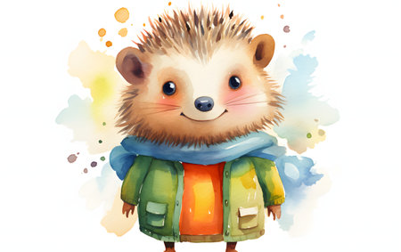 Cute hedgehog in warm clothes. Watercolor hand drawn illustrationの素材