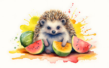 Cute hedgehog with watermelon. Watercolor painting on white background.の素材