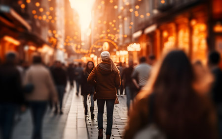 people walking in the city at night, defocused lights in the backgroundの素材