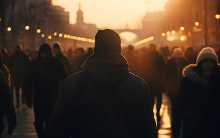 Silhouette of a man walking in the city at sunset.の素材