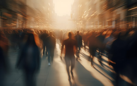 Blurred background of crowd of people walking on the street in the eveningの素材