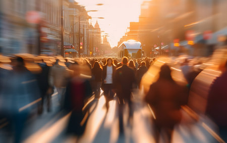 People walking in the city at sunset. Motion blur effect. Abstract background.の素材