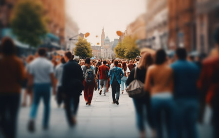 Crowd of people walking on the street. Blurred background.の素材
