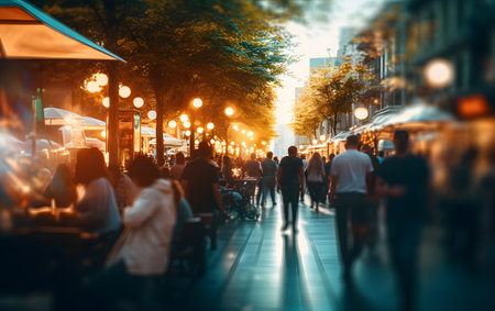 Crowds of people walking on street at sunset.の素材