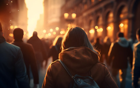 Crowds of people walking on street at sunset.の素材