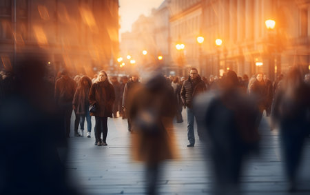 Crowd of people walking on the street at night. Blurred backgroundの素材