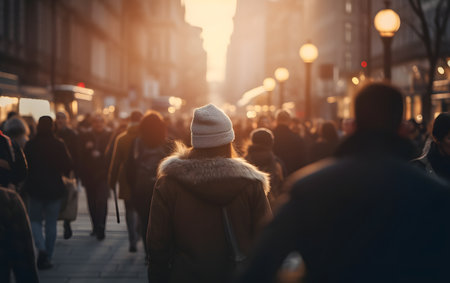 People walking in the city at sunset. Motion blur effect. Abstract background.の素材