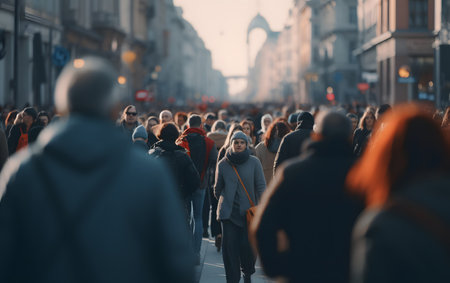 People walking in the city at sunset. Motion blur effect. Abstract background.の素材
