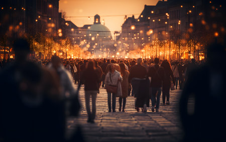 Crowds of people walking on street at sunset.の素材
