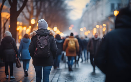 Crowds of people walking on street at sunset.の素材