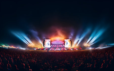 Concert crowd in front of bright stage lights at a music festivalの素材