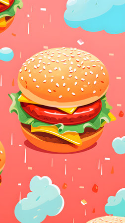 Hamburger on a red background with clouds. Vector illustration.の素材