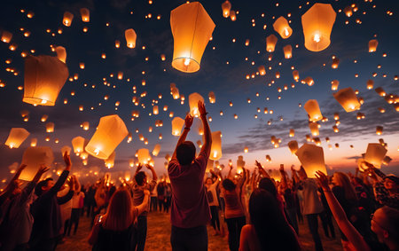 People holding floating lanterns during Yee Peng Festival, Chiang Mai, Thailandの素材