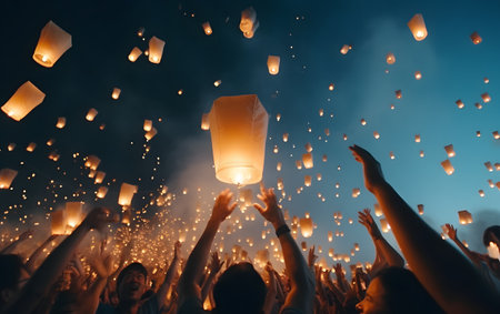 People holding floating lanterns during Yee Peng Festival, Chiang Mai, Thailandの素材