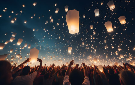 People holding floating lanterns during Yee Peng Festival, Chiang Mai, Thailandの素材