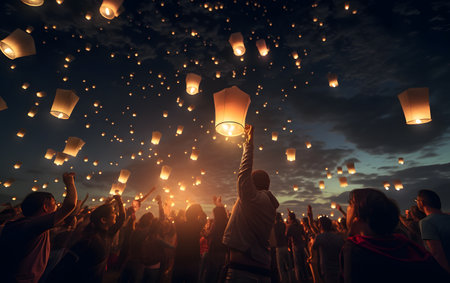 Floating lanterns in the sky at Chiangmai, Thailandの素材