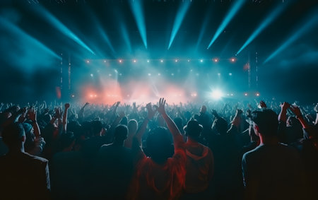 Concert crowd in front of a bright stage with lights and smokeの素材