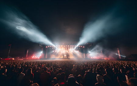 Stage lights and crowd of people at a music festival. concert backgroundの素材