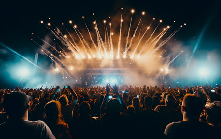 Crowd at concert with raised hands and bright stage lights in the backgroundの素材