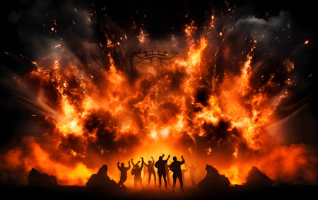 Silhouette of a group of people dancing in front of a burning fire backgroundの素材