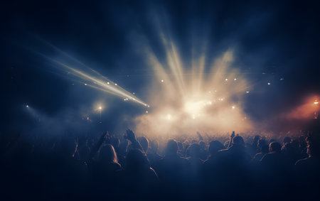 Concert crowd in front of bright stage lights with smoke and raysの素材