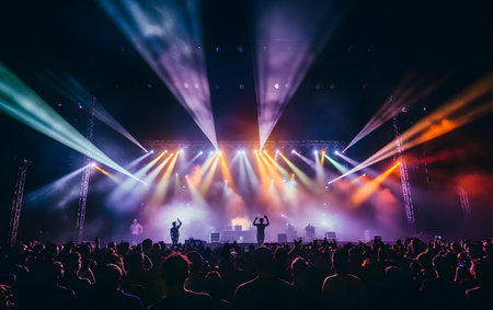 Concert crowd in front of a bright stage with lights and smokeの素材