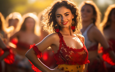 Beautiful girl in a red dress dancing belly dance at a music festivalの素材
