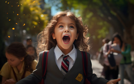 Happy schoolgirl with curly hair in a school uniform rejoices at the first day of schoolの素材