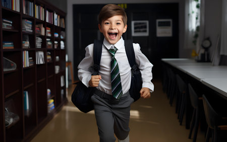 cheerful schoolboy in school uniform with backpack smiling at cameraの素材