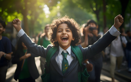 Happy schoolchildren in school uniform running on the street. Beginning of class.の素材