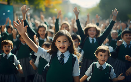 Group of happy kids in school uniform waving their hands in the air.の素材