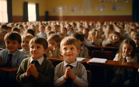 Schoolchildren sitting at the desks in the classroom. Educational concept.の素材