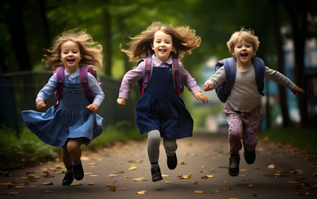 Three happy schoolgirls running in the autumn park. Back to school.の素材