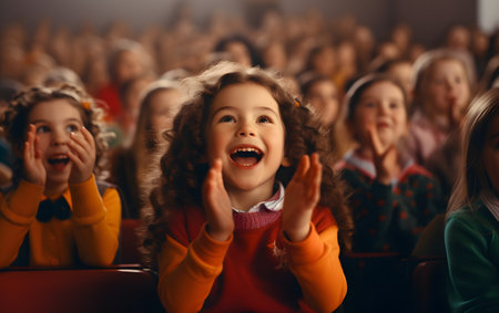 Children in the cinema. Cheerful little girl with curly hair.の素材