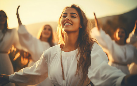 Beautiful young woman in white clothes dancing on the beach at sunset.の素材