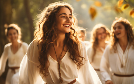 Beautiful young woman in kimono with friends in autumn forestの素材