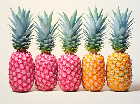 Pineapples in a row on a white background. Vintage-styleの素材