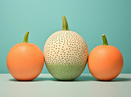 3d render of melon and melon on green background.の素材