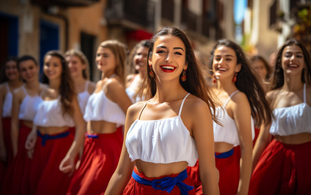 Group of happy young women dancing flamenco in the street.の素材