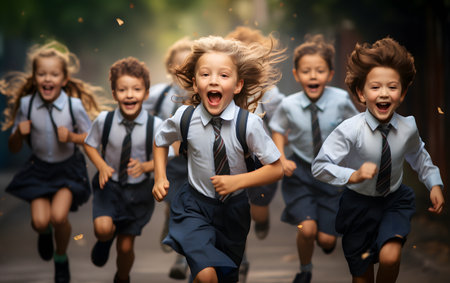 Happy children in school uniform running and jumping in the school yard.の素材
