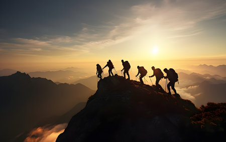Silhouette of group of hikers with backpacks on the top of a mountainの素材