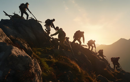 Group of climbers in the mountains at sunset. Teamwork concept.の素材