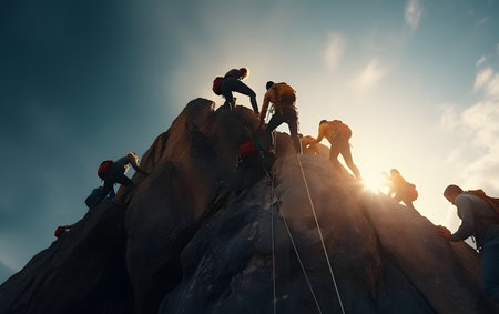 Group of climbers climbing on a rock in the mountains. Climbing conceptの素材