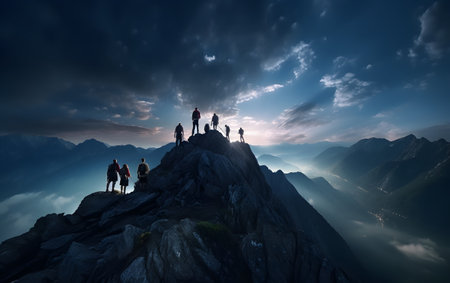 Silhouette of group of people standing on top of a mountain and watching the sunriseの素材